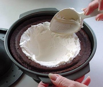 spreading icing in cake pan