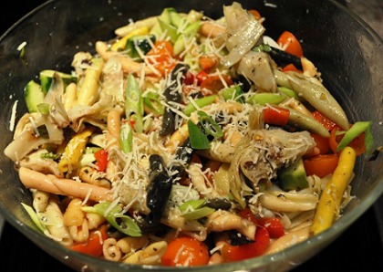colorful Cold Pasta Salad in a stock pot