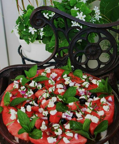 Egyptian Watermelon Feta Salad arranged outdoors