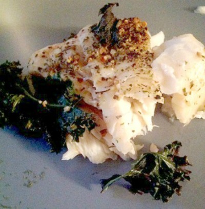 Herb-Crusted Halibut with Toasted Kale Chips Recipe artfully plated