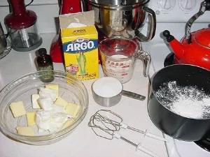 Roberta's fluffy icing ingredients lined up on countertop 