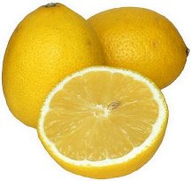 three lemons, the one in front is sliced in half with the cross section showing