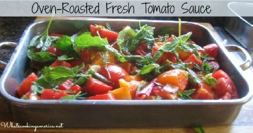 Oven-Roasted Fresh Tomato Sauce in a pan with spinach
