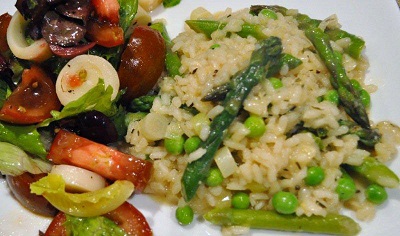 lemon risotto with spring vegetables from the pea recipe collection served on a white plate