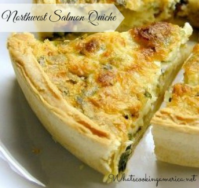 close up image of a slice of northwest salmon quiche with text
