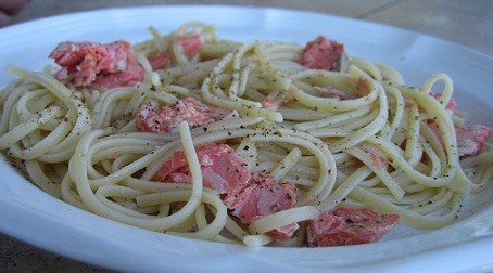Smoked Salmon Linguine served on a white dinner plate