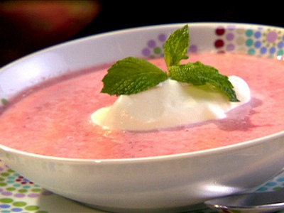 Strawberry Mint Soup with garnish in a white bowl
