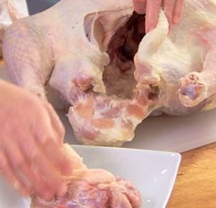 close up image of turkey giblets being removed from raw turkey