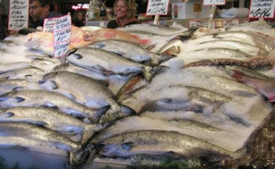 Whole Salmon on display at a fish market