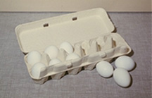 Open egg carton with uncracked eggs in the pockets and on the countertop