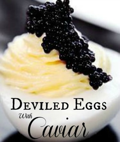 close up image of deviled eggs with caviar with graphic