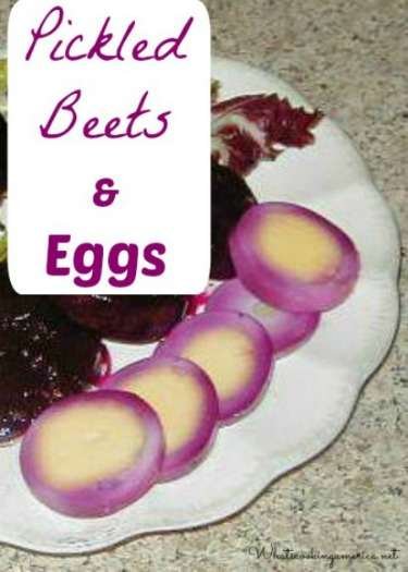 pickled beets and eggs on a white dish and text