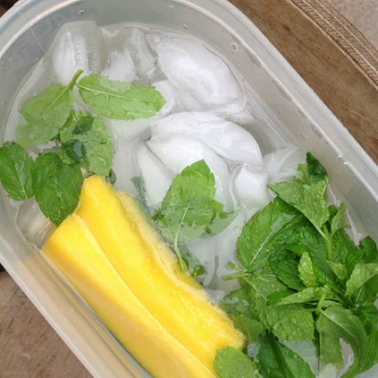 Pineapple and Mint Infused Water in a oblong bowl