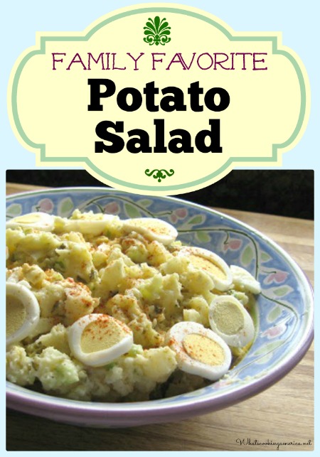 Favorite Potato Salad in a bowl with a graphic
