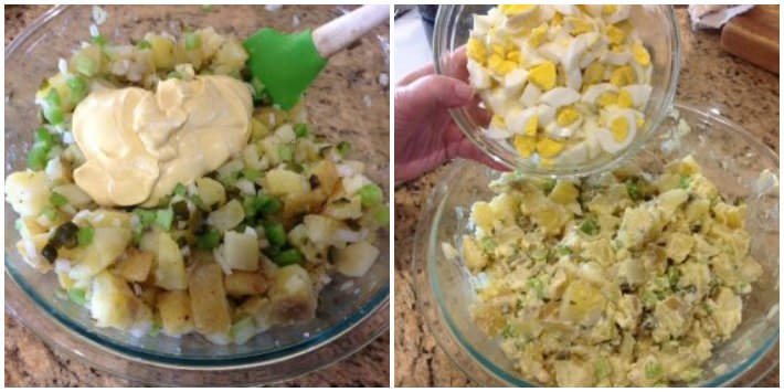 Potato salad prep - adding dressing and eggs