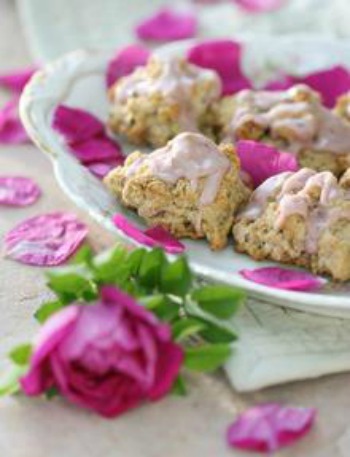 Rose Petal Scones on a plate covered with rose petals