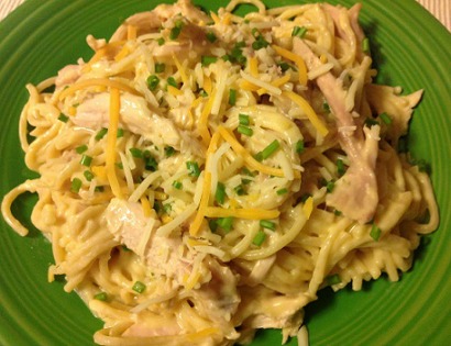 Chicken Spaghetti served on a green dinner plate