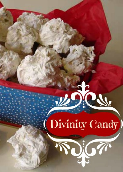 Divinity Candy in a blue polka dot bowl on top of red tissue paper
