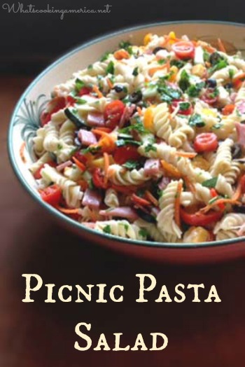 Picnic Pasta Salad served in a large ceramic bowl