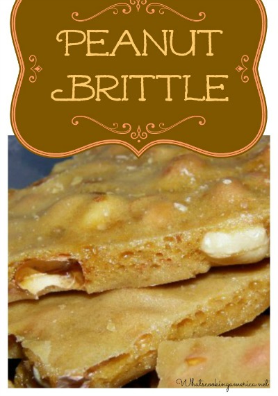 close up image of brown sugar peanut brittle with graphic