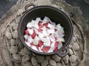 Add meat and onions to dutch oven