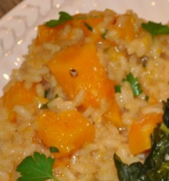 close up image of Butternut Squash Risotto on a white dinner plate