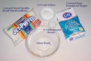 overhead image of Marshmallow Fondant Icing ingredients on white table