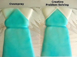 adding white fondant on top of turquoise sprayed fondant in order make a collar
