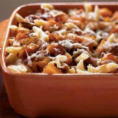 Roasted Butternut Squash and Bacon Pasta in a ceramic baking dish