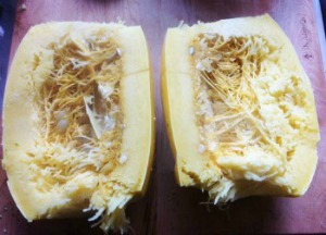 two halves of spaghetti squash fully cooked