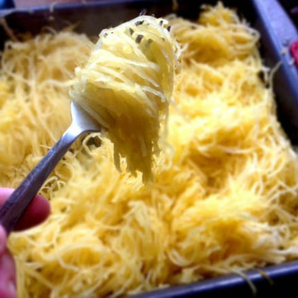 spaghetti squash wrapped around a fork