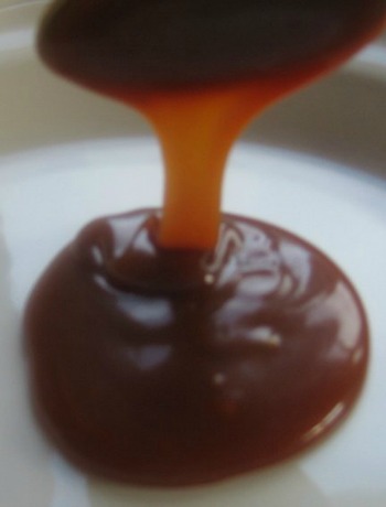 Caramel Sauce from vegetarian condiment and sauce collection being spooned onto a white plate