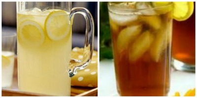 collage of lemonade and iced teas in glass pitchers