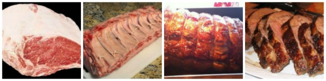 collage of prime ribs in stages of preparedness from raw to cooked and served