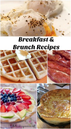 collage of images of eggs, waffles, bacon, and other breakfast and brunch foods
