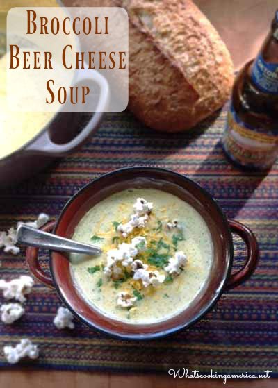 Broccoli Beer Cheese Soup garnished with popcorn 