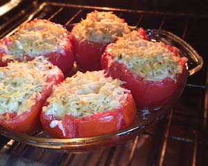 Orzo Stuffed Tomatoes in oven