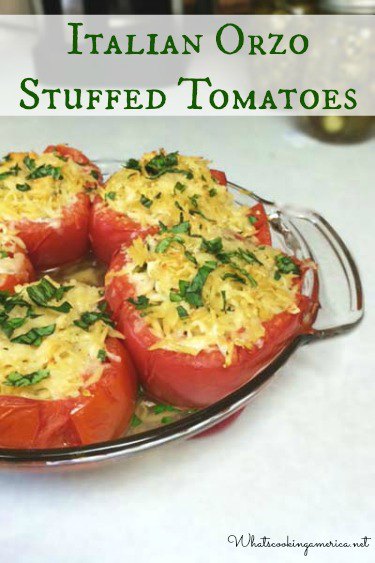 Orzo Stuffed Tomatoes in a glass baking dish with text