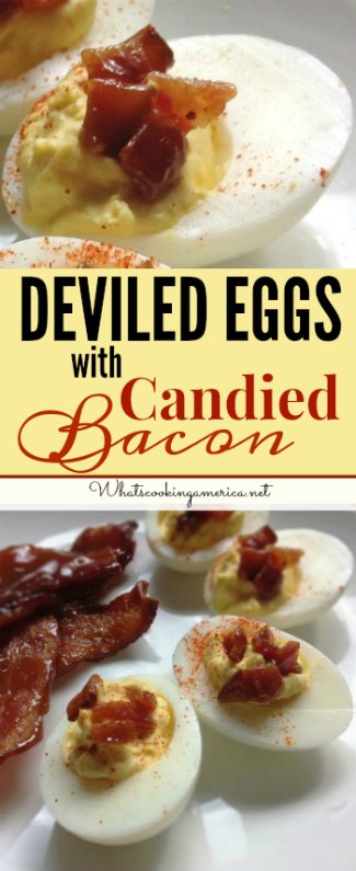 Deviled eggs with candied bacon collage with graphic