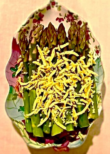 Roasted Asparagus with Dill Coddled Egg Yolk in a colorful serving dish