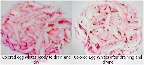 Colored egg whites draining and drying