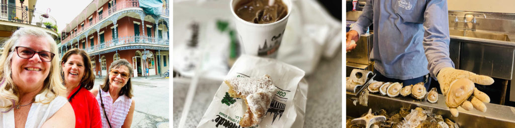 Food travles in New Orleans collage of highlights of NOLA, Bourbon Street, Cafe du Monde and Felix's Oyster bar.